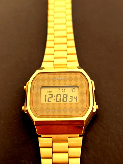 Casio Digital Watch A168 in gold color with digital display, Japan import, used excellent condition