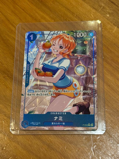 One Piece Nami P-053 Promo Parallel trading card in sleeve and loader from the One Piece card game