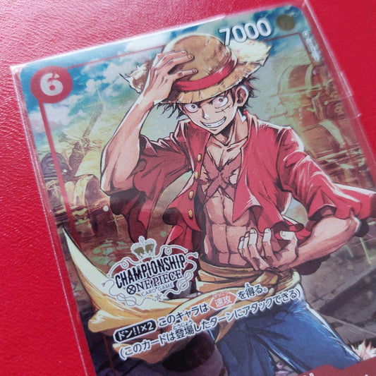 One Piece Monkey D. Luffy P-001 promo card from 2022 Pro Promo series in plastic case with sleeves