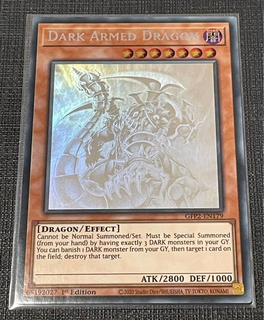 Sony Dark Armed Dragon Ghost Rare Yu-Gi-Oh trading card with visible overseas scratch marks