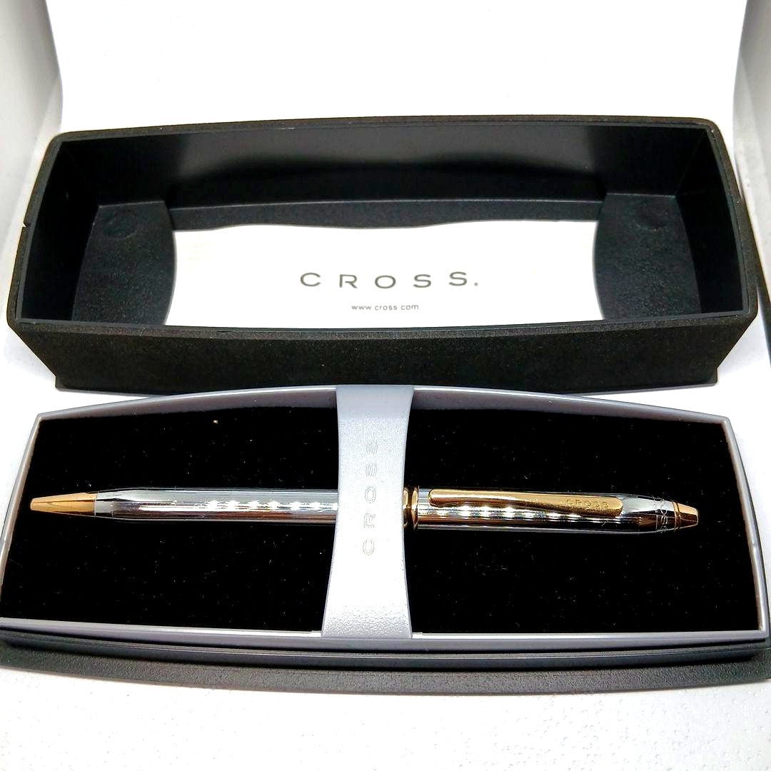 Cross Stripe Design Silver and Gold Ballpoint Pen with Case