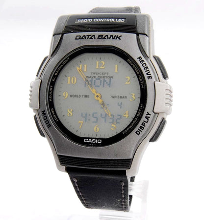 Casio Data Bank Twincept FKT-2000 silver radio-controlled watch with analog and digital display on a leather strap