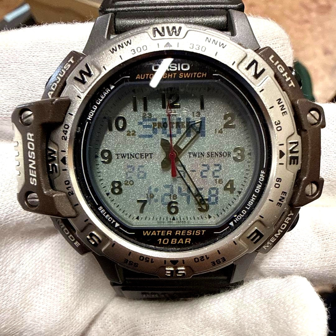 Casio Pro Trek Birdlife Model PRT-40 outdoor watch with twin sensor and brown leather band
