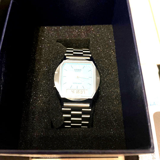 Casio AQ-230A-2MQUIJF watch in Tiffany Blue with digital and analog display, brand new
