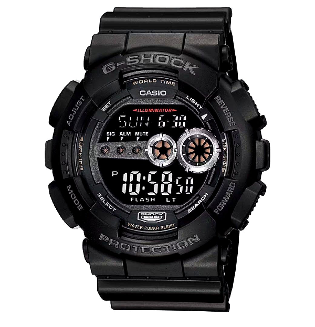 Casio G-Shock black digital watch with shock resistance showing minor scratches on display characters