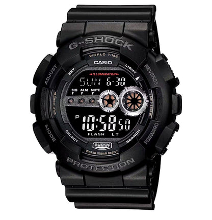 Casio G-Shock black digital watch with shock resistance showing minor scratches on display characters