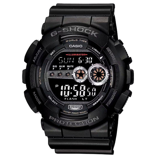 Casio G-Shock black digital watch with shock resistance showing minor scratches on display characters