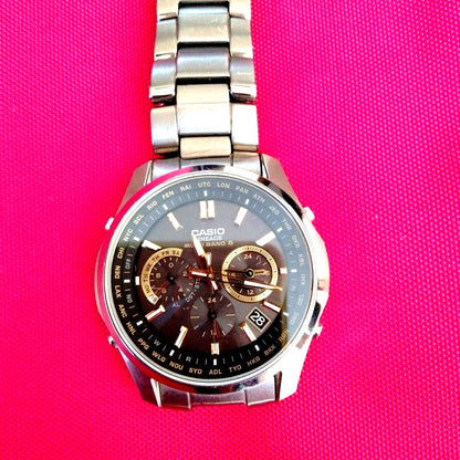 Casio PRW-3000 Series Solar Titanium Chronograph Watch with black and silver dial and stainless steel band