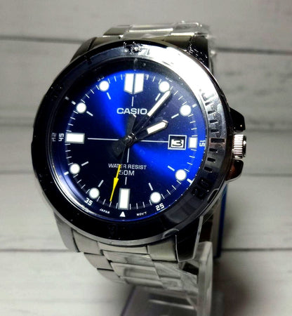 Casio MTP-VD01D-2EV men's analog watch with vibrant blue dial and stainless steel band