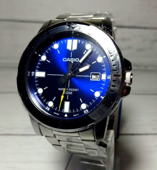 Casio MTP-VD01D-2EV men's analog watch with vibrant blue dial and stainless steel band