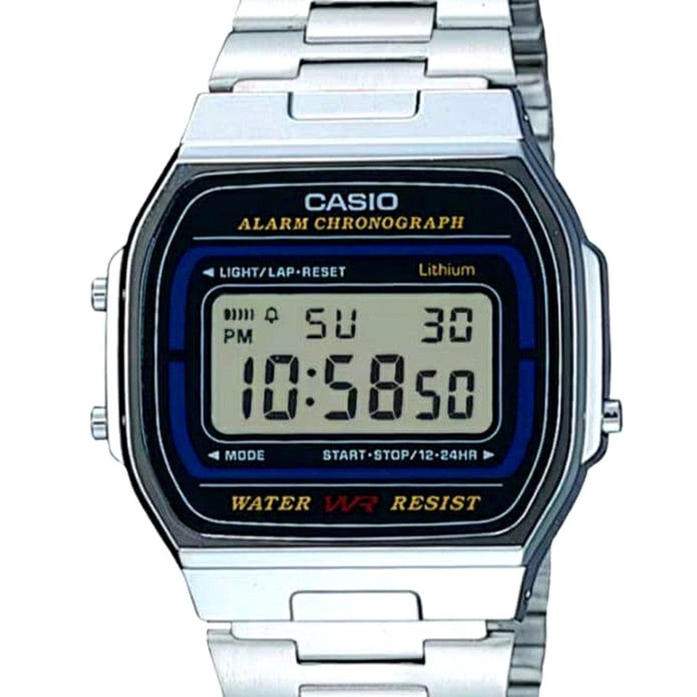 Casio A164WA digital watch with stainless steel band showing retro design and digital display