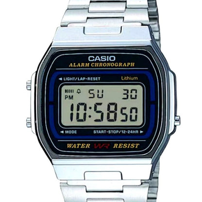Casio A164WA digital watch with stainless steel band showing retro design and digital display