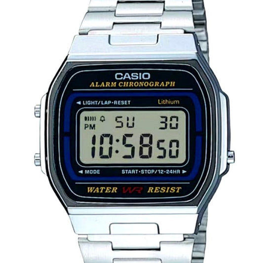 Casio A164WA digital watch with stainless steel band showing retro design and digital display