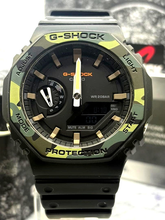 Casio G-Shock GA-2100SU camouflage bezel black dial analogue digital watch with box and manual