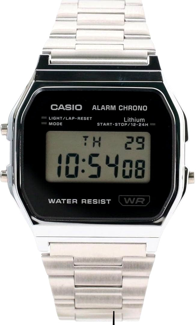 Casio A158WEA-1JF digital watch with silver resin case, metal band, and black digital display