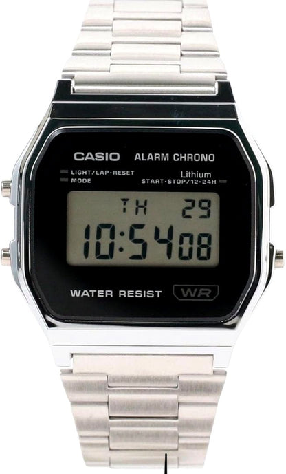 Casio A158WEA-1JF digital watch with silver resin case, metal band, and black digital display