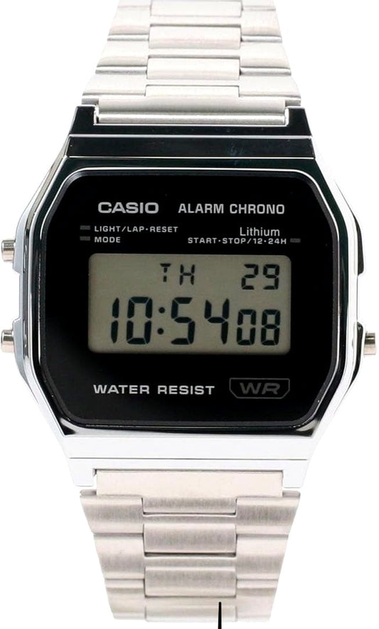 Casio A158WEA-1JF digital watch with silver resin case, metal band, and black digital display