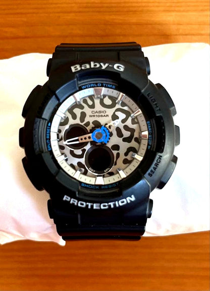 Black Casio Baby-G Leopard Series BA-120LP-1A women's digital analog wristwatch with leopard pattern