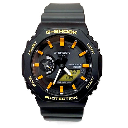 Casio G-Shock GA-B2100DF-1AJR watch with black resin band and carbon core case, showing digital-analog display