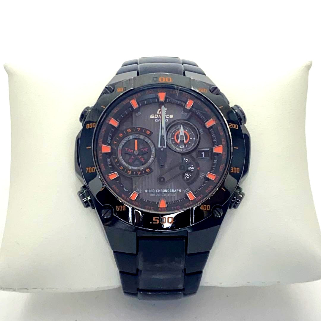 Casio Edifice black chronograph wristwatch with a black dial and stainless steel band