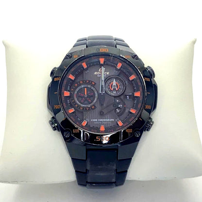 Casio Edifice black chronograph wristwatch with a black dial and stainless steel band
