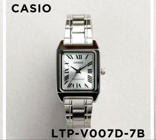 Casio Tank Watch LTP-V007D-7B silver stainless steel wristwatch with white dial and protective plastic covers