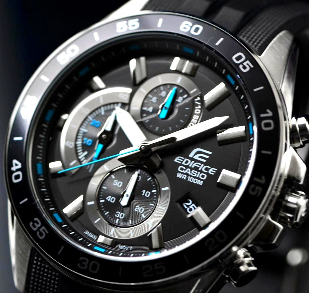 Casio Edifice imported men's chronograph watch with black dial and 100 meters water resistance