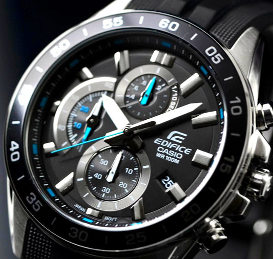 Casio Edifice imported men's chronograph watch with black dial and 100 meters water resistance