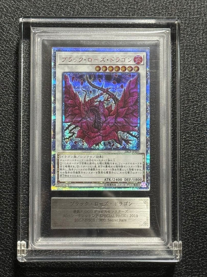 Yugioh Black Rose Dragon 20th ARS10+ card with acrylic case showing front and box with scratches