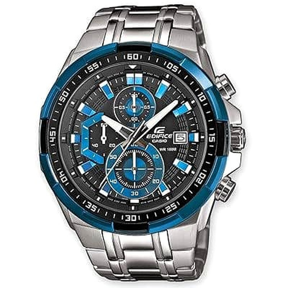 Casio Edifice black and blue quartz wristwatch with tachymeter scale and stainless steel band