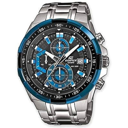 Casio Edifice black and blue quartz wristwatch with tachymeter scale and stainless steel band