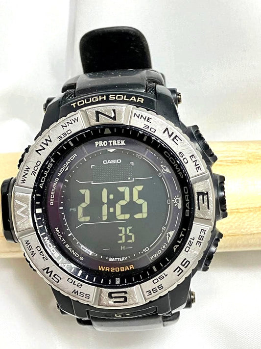 Casio Pro Trek PRW-3510 solar-powered watch with black silicone band and reverse LCD display