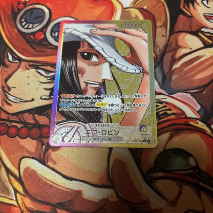One Piece Card Game Nico Robin Leader Parallel trading card removed from sleeve for photography