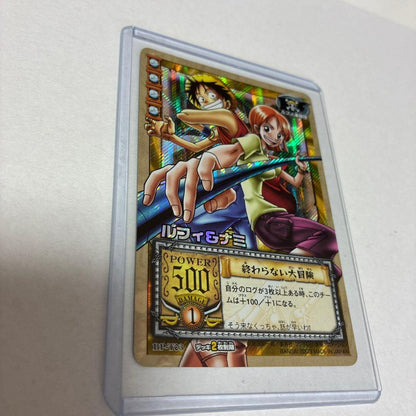 Bandai One Piece Hyper Battle hologram card showing Luffy and Nami from 2003 model BP-T03