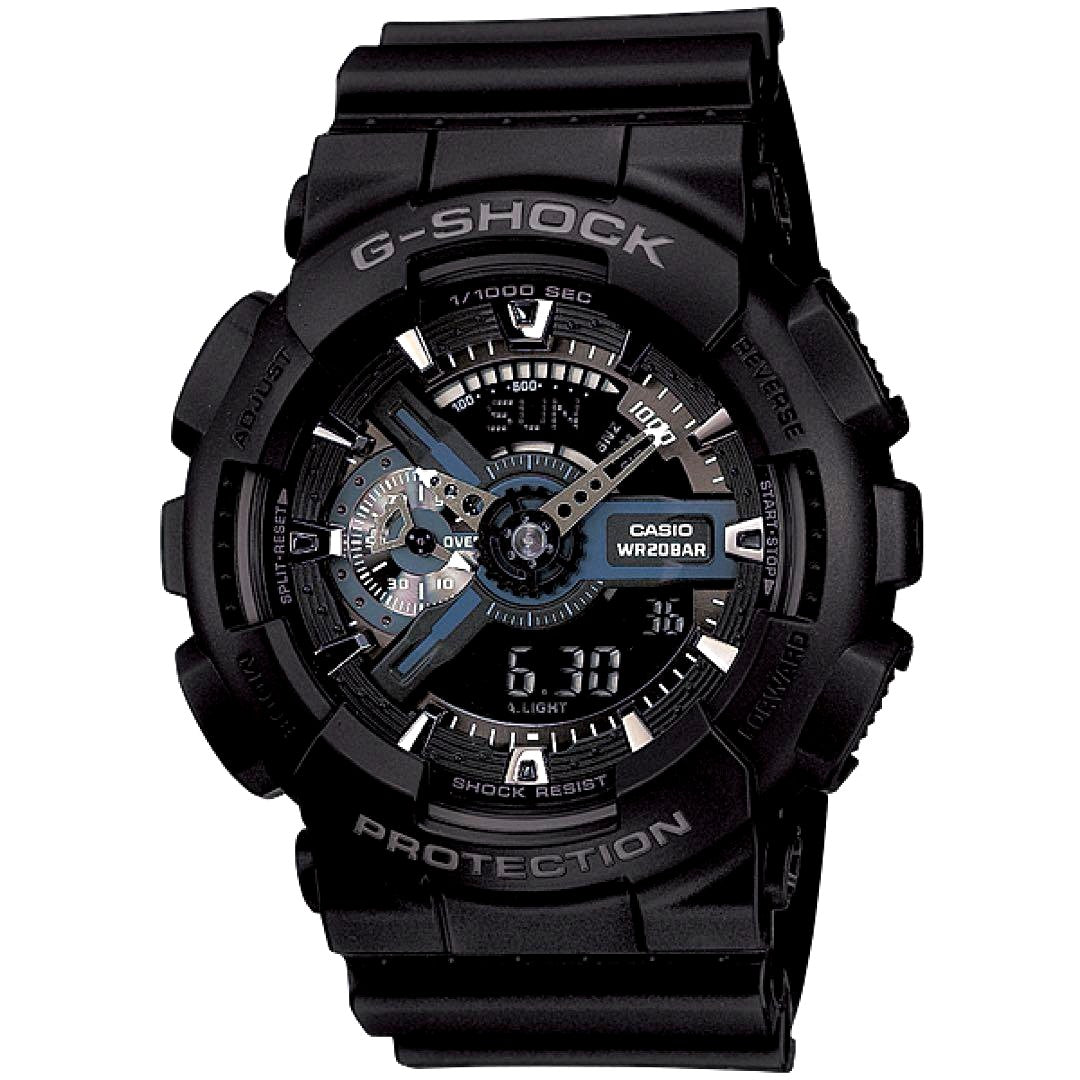 Casio G-Shock GA-110-BJF watch with large analog-digital face and silver gear-patterned details