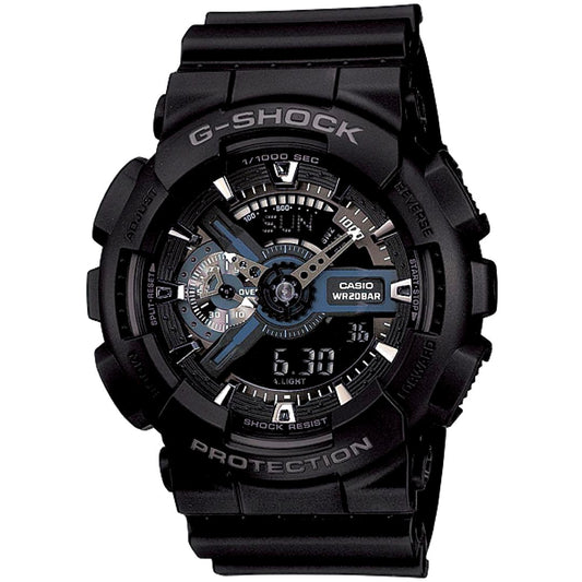 Casio G-Shock GA-110-BJF watch with large analog-digital face and silver gear-patterned details