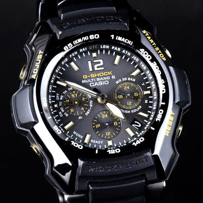 Casio G-Shock Gravitymaster GW-2000BGD-1AJF black and gold watch with metal band and curved glass