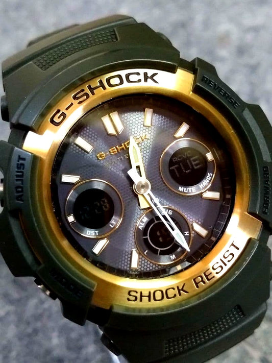 Casio G-Shock Tough Solar AWG-M100A-3AJF watch with black dial and khaki green silicone band