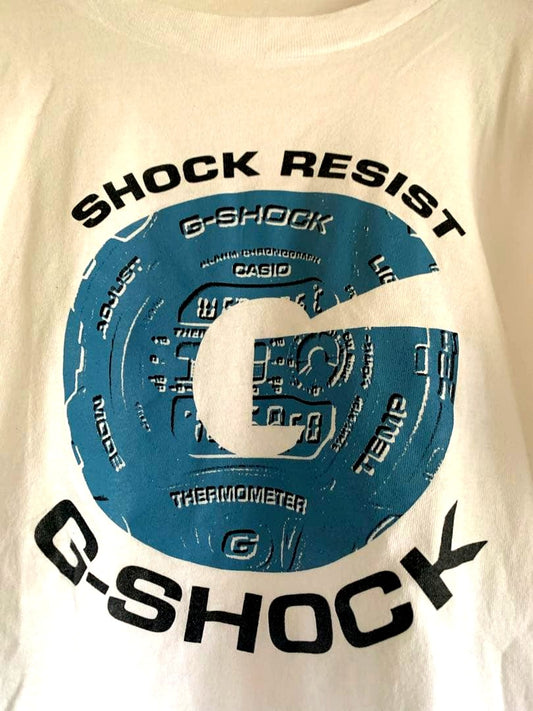 Vintage Casio G-Shock 1990s white short sleeve T-shirt with logo print, size M, cotton fabric