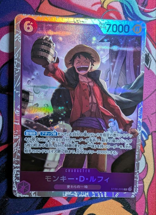 Bandai One Piece Monkey D. Luffy SR Card 001 trading card from ST26-005 series showing Whole Cake Island scene