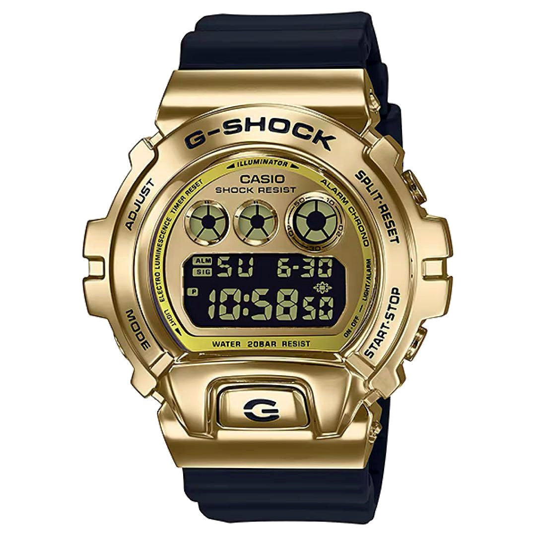 Casio G-Shock GM-6900G-9JF digital watch with gold metal bezel and black resin band