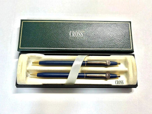 CROSS brand navy mechanical pencil and ballpoint pen set made in USA shown on white background