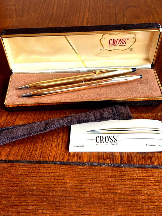 Cross 14KT gold ballpoint pen and 12KT gold mechanical pencil set with gold finish USA import