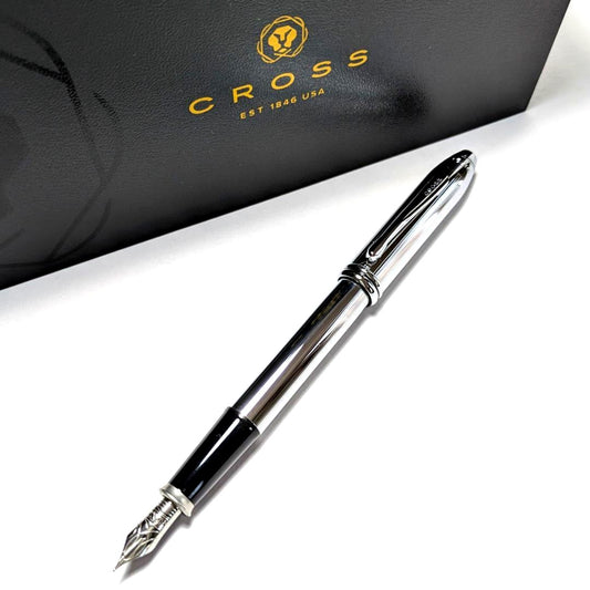 Cross Townsend Fountain Pen N536 with chrome body and fine nib, stainless steel clip, shown uncapped