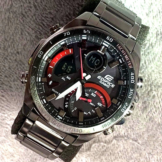 Casio Edifice ECB900 Bluetooth Legacy watch with black dial and stainless steel band showing time and digital features