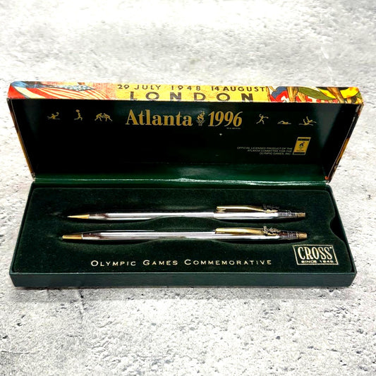 Cross Atlanta 1996 Olympic Games commemorative ballpoint pen and mechanical pencil set in silver and gold colors