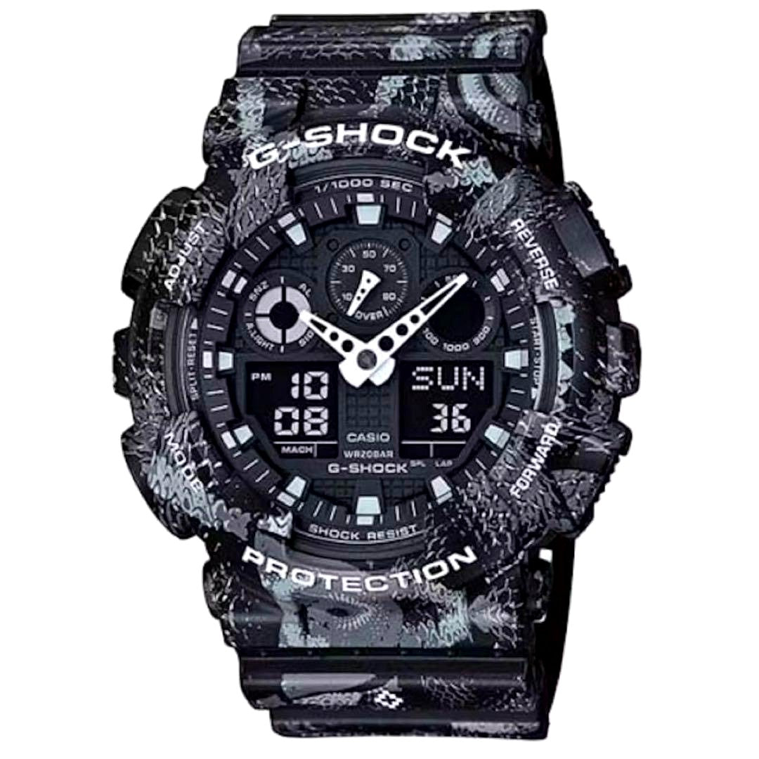 Casio G-Shock Marcelo Burlon GA-100MRB-1AJR black watch with snake motif and collaboration branding