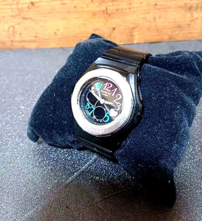 Casio Baby-G ladies wristwatch with black rubber band and cute dial in good used condition with new battery