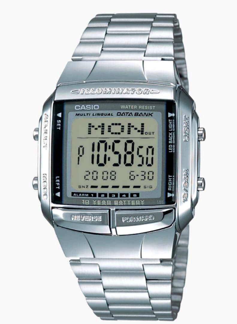 Casio DB-360-1AJH digital watch with stainless steel band and square silver dial