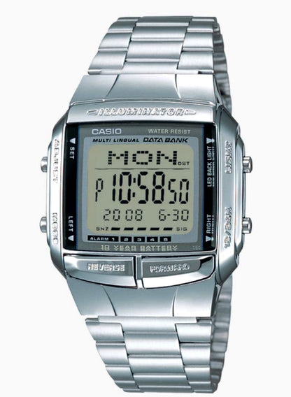 Casio DB-360-1AJH digital watch with stainless steel band and square silver dial